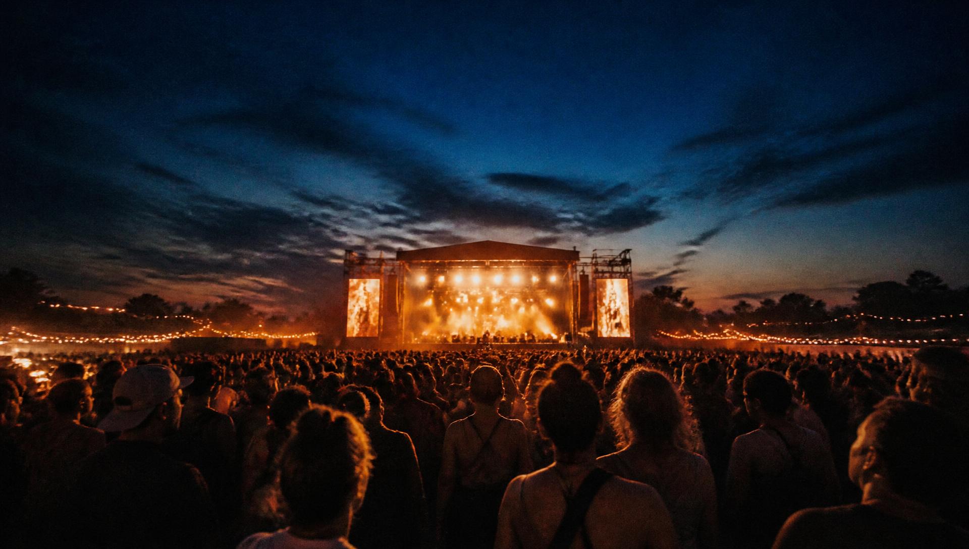 Crowd watching an outdoor evening concert lit by warm stage lights